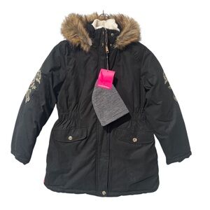 Hawke & Co Black Kids Puffer Jacket with Fur Trim and embroidered sleeves -7/8